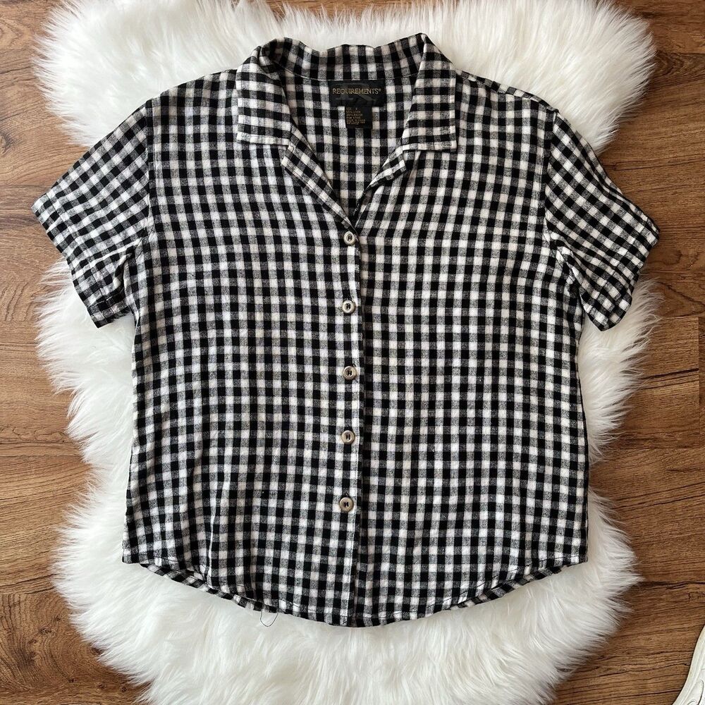 Vintage Requirement Short Sleeve Button Up Gingham Linen Beach Grunge 90s Top